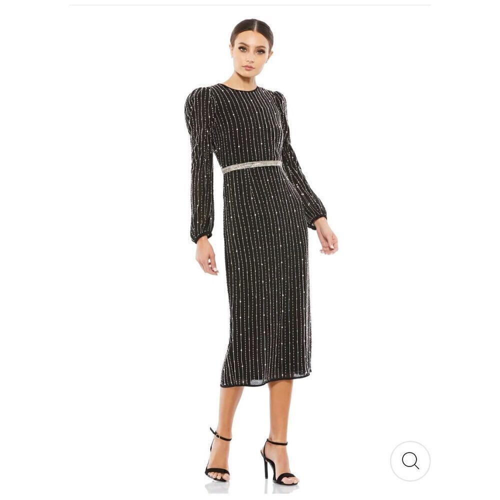 Mac Duggal NWT size 16 long sleeve beaded black midi dress READ NOTES style 9362